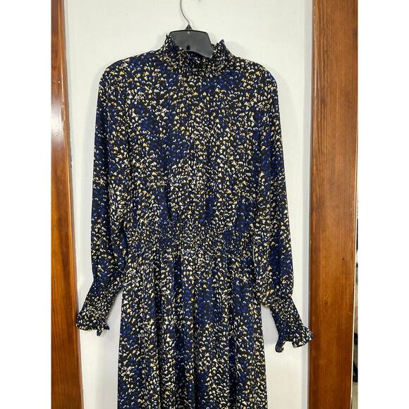 Nanette Lepore Smocked Blue/Yellow Long Sleeve Midi Dress Sz 12 Large High Neck - Picture 4 of 9